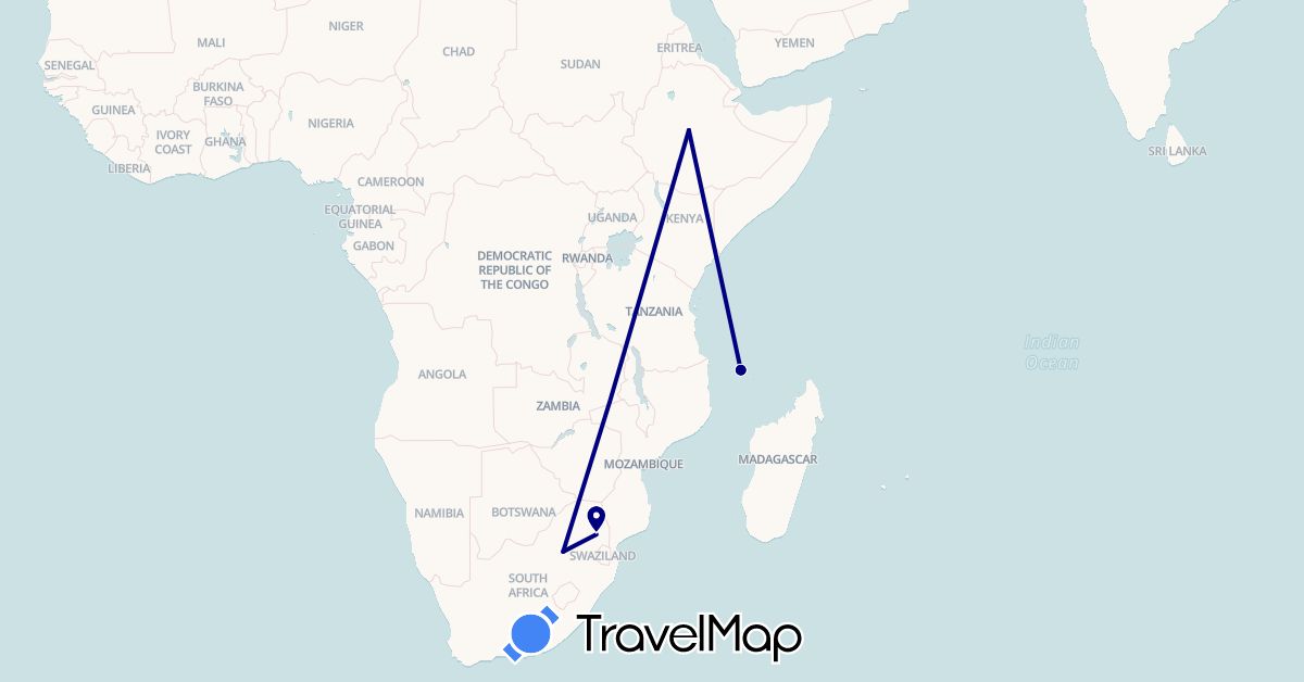 TravelMap itinerary: driving in Ethiopia, Comoros, South Africa (Africa)